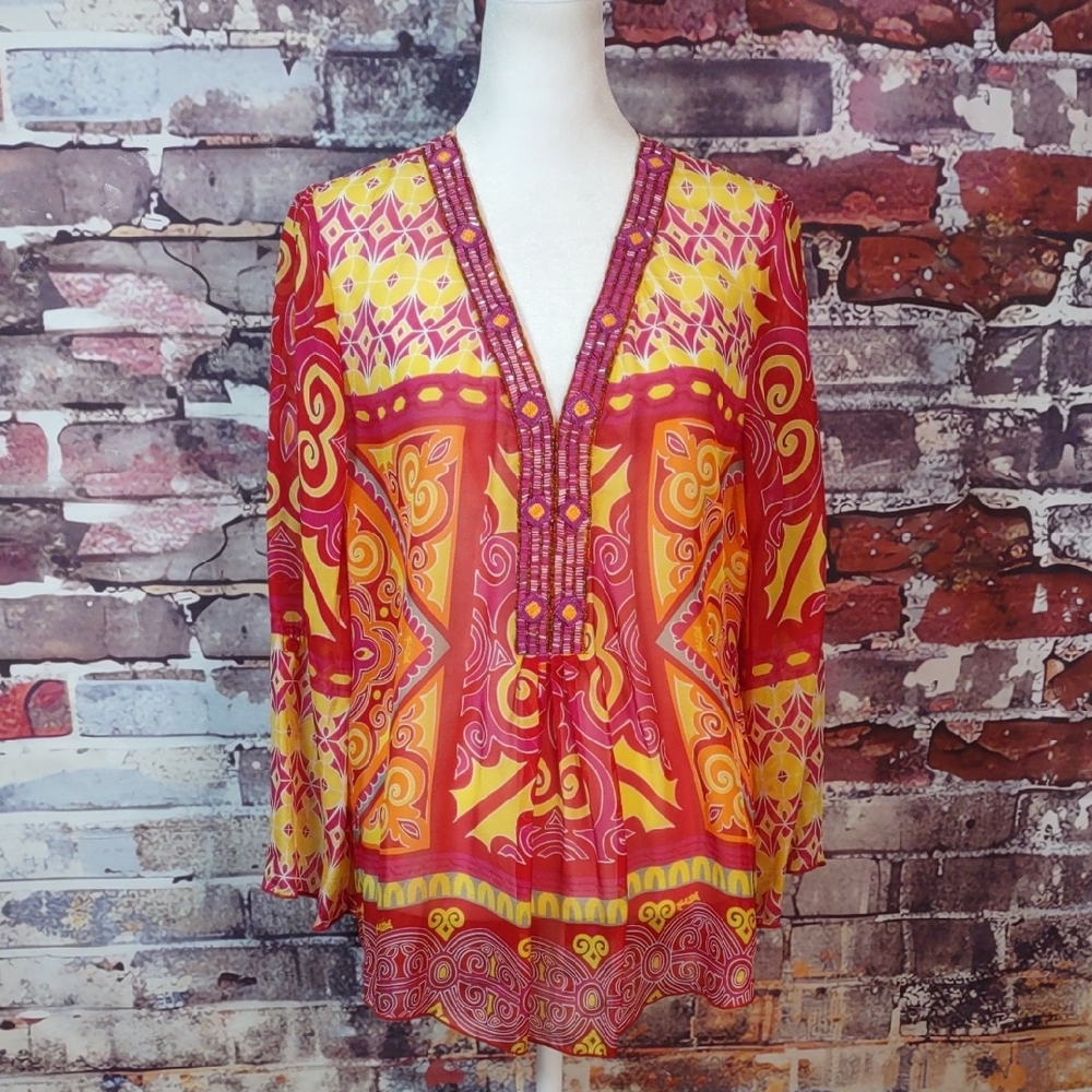 Hale Bob Cabana Embellished Print Silk Chiffon Tunic Top